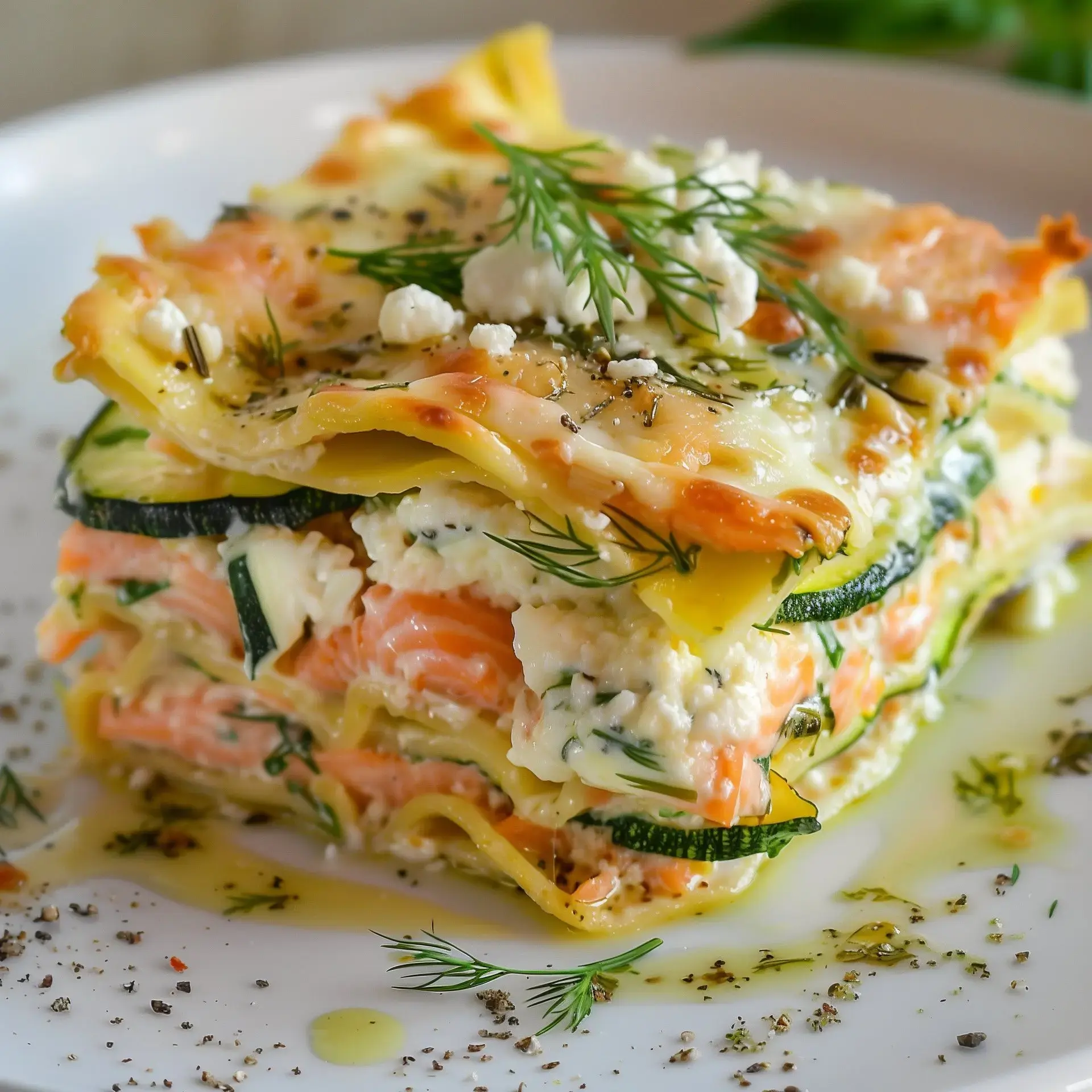 Courgette au saumon et chèvre fondu, servie dans une assiette blanche prête à déguster.