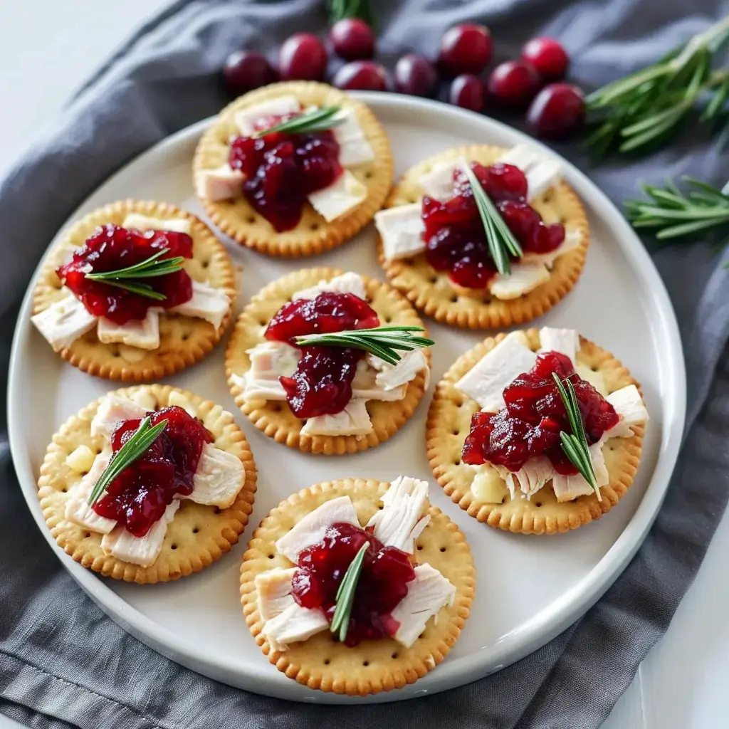 Des biscuits garnis de dinde effilochée, de confiture de canneberge et de brins de romarin, présentés sur une assiette.