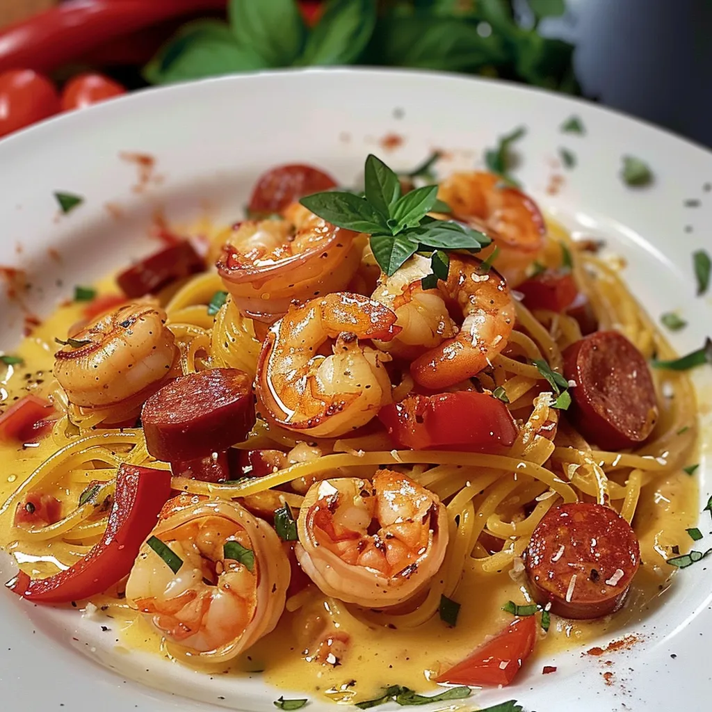 Pâtes crémeuses au poivron, chorizo et crevettes