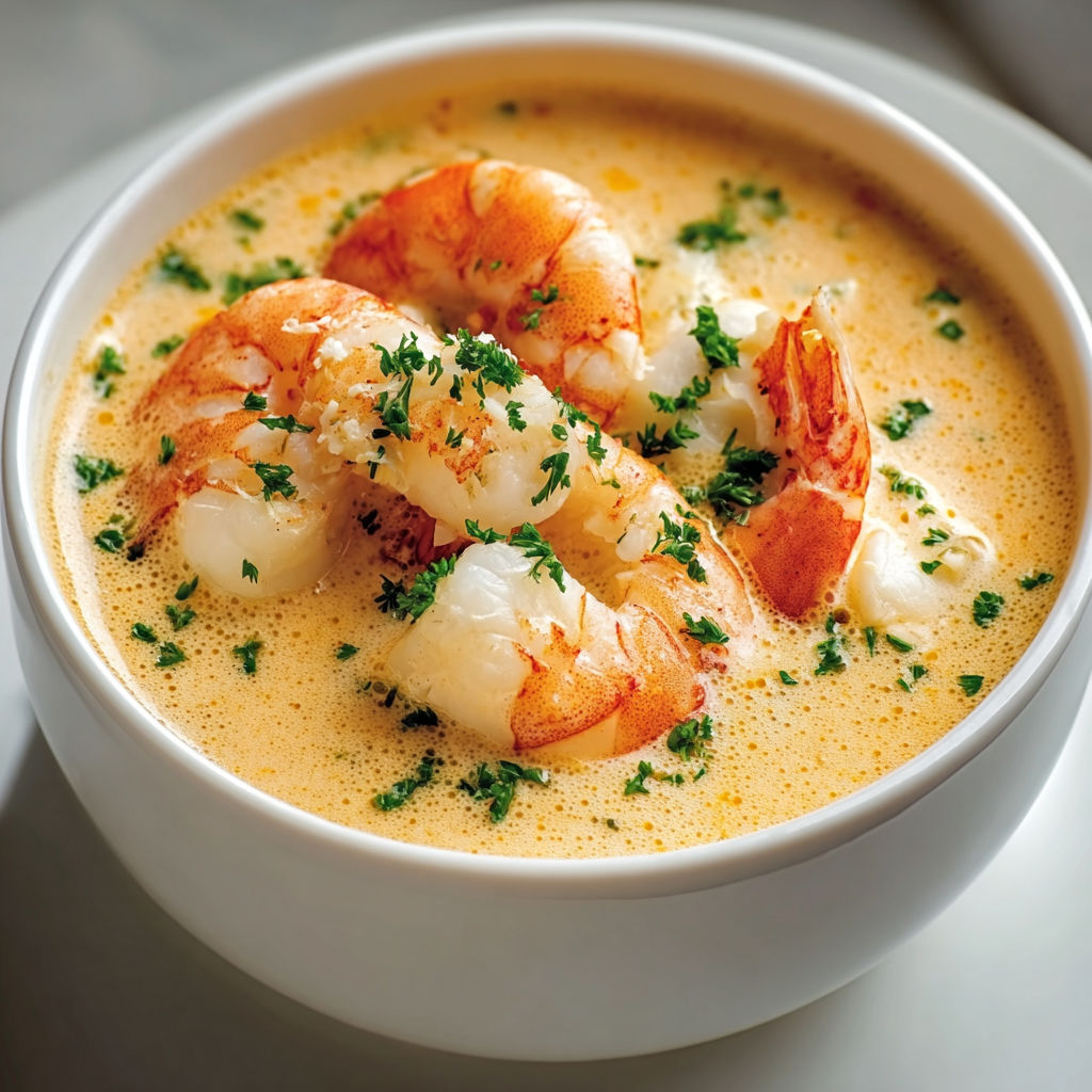 Velouté de langoustine décoré d’herbes fraîches.