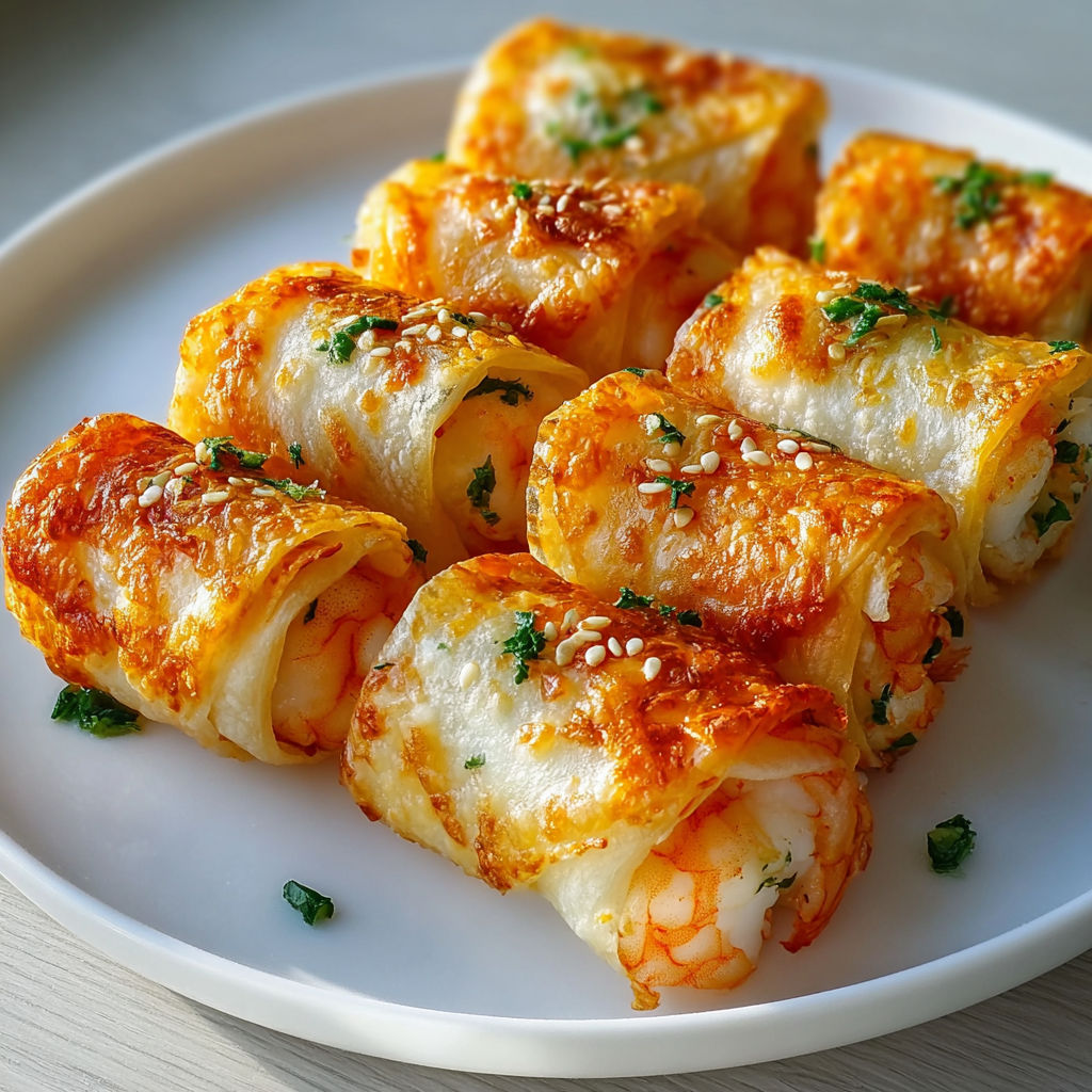 Sur une assiette blanche, des rouleaux croustillants à la crevette avec herbes fraîches.