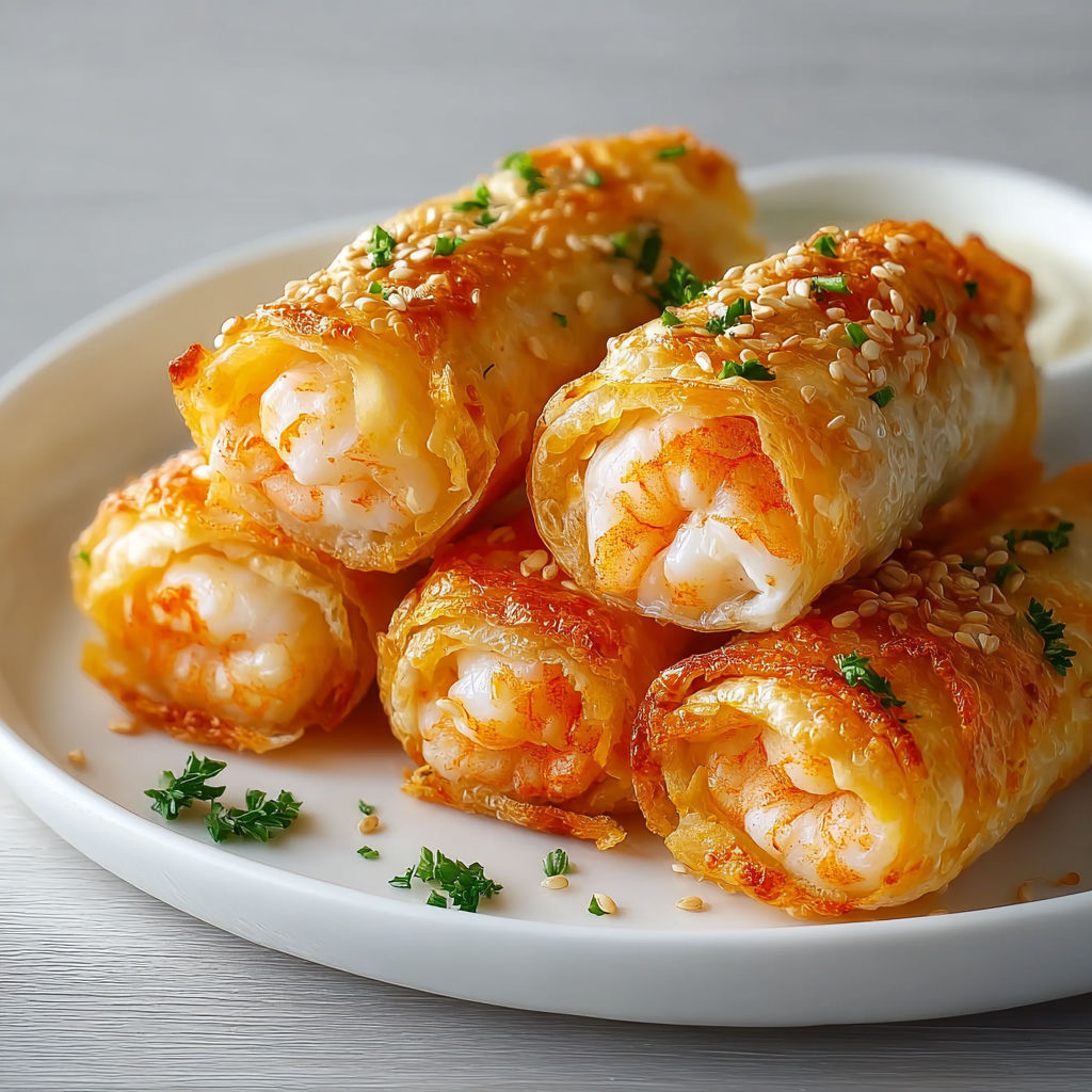 Des rouleaux de crevette et pâte croustillante présentés sur un plateau pour un apéritif festif.