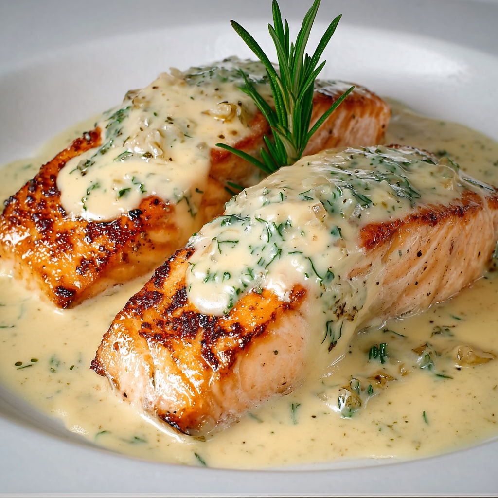 Saumon grillé nappé de sauce crémeuse échalote et vin blanc.