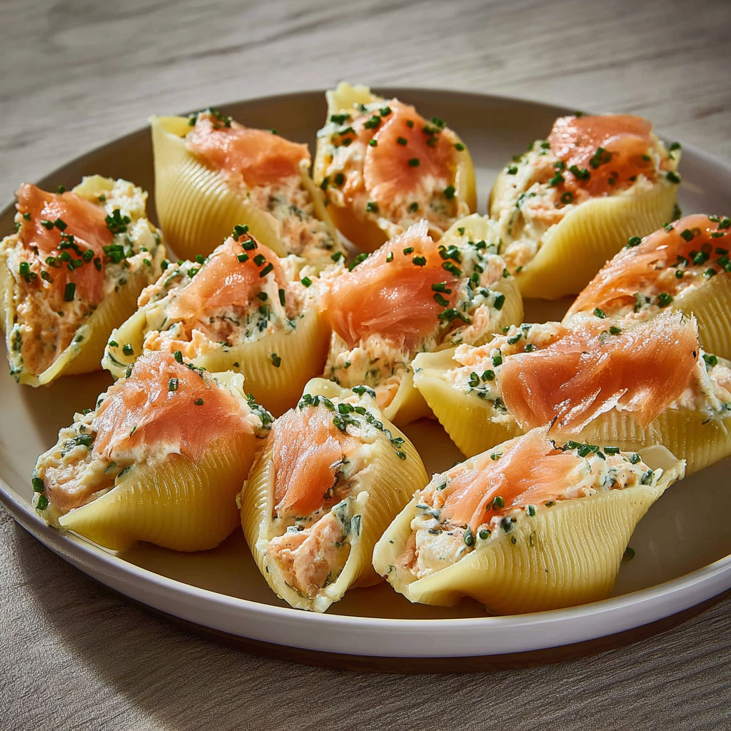 Assiette de raviolis avec courgettes et saumon frais.
