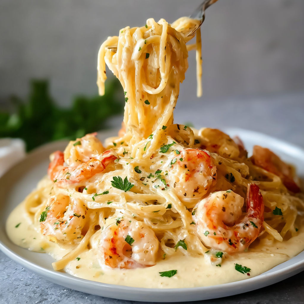Une belle assiette de spaghettis aux crevettes sautées à l’ail, une fourchette se glisse dedans.