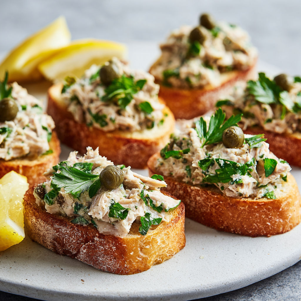 Planche de tartines grillées avec filets de thon et quartiers de citron.