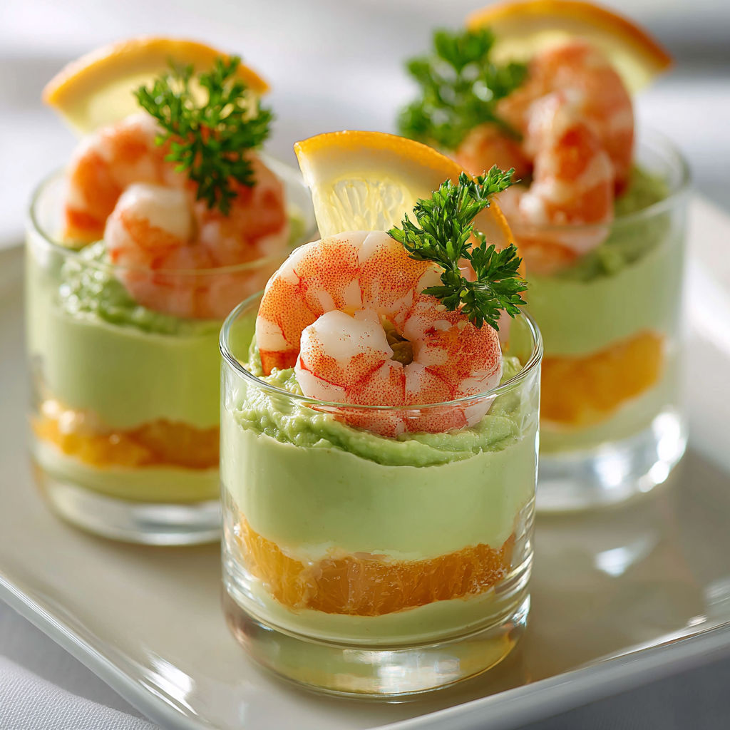 Une entrée fraîche avec crevettes et citron, présentée dans des verres avec salade verte.