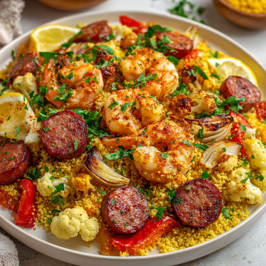 Assiette avec crevettes, saucisse et des légumes.
