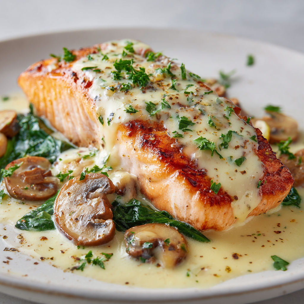Saumon moelleux au beurre à l'ail, épinards et champignons, nappé d'une sauce douce.