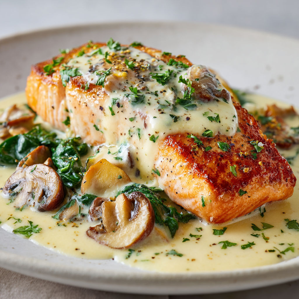 Un filet de poisson grillé avec épinards et champignons, nappé d’une sauce crémeuse, parsemé d’herbes fraîches.