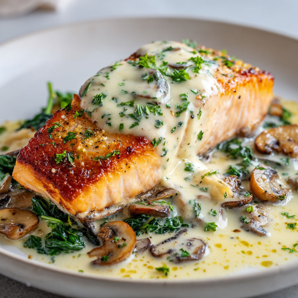 Un savoureux filet de saumon grillé, entouré de champignons et d’herbes, nappé d’une sauce crème.