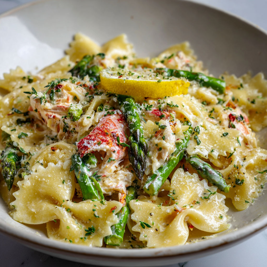 Sur une table, une belle assiette remplie de pâtes, crabe, citron et asperges attend d'être dégustée.