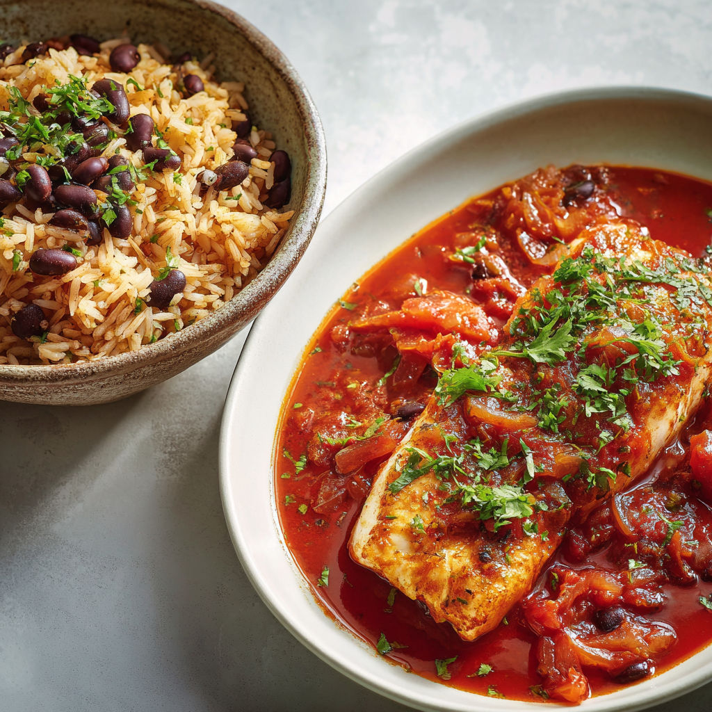 Une assiette de poisson nappé de sauce tomate et de riz garni de légumes.