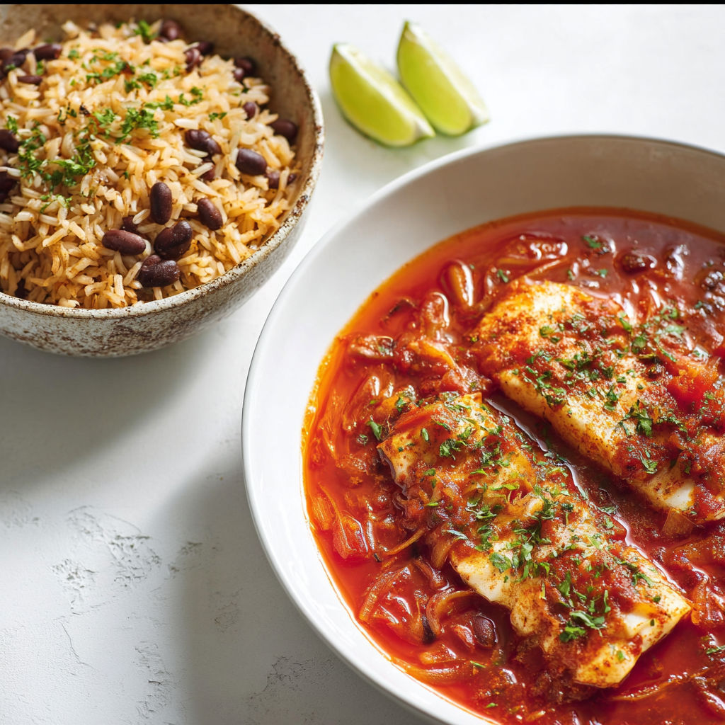 Une grande assiette de riz et poisson façon tex-mex sur nappage blanc.