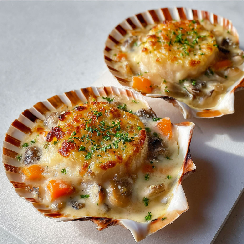 Deux parts moelleuses de gratin Saint-Jacques et champignons sur plateau, légumes fondants et sauce dorée.