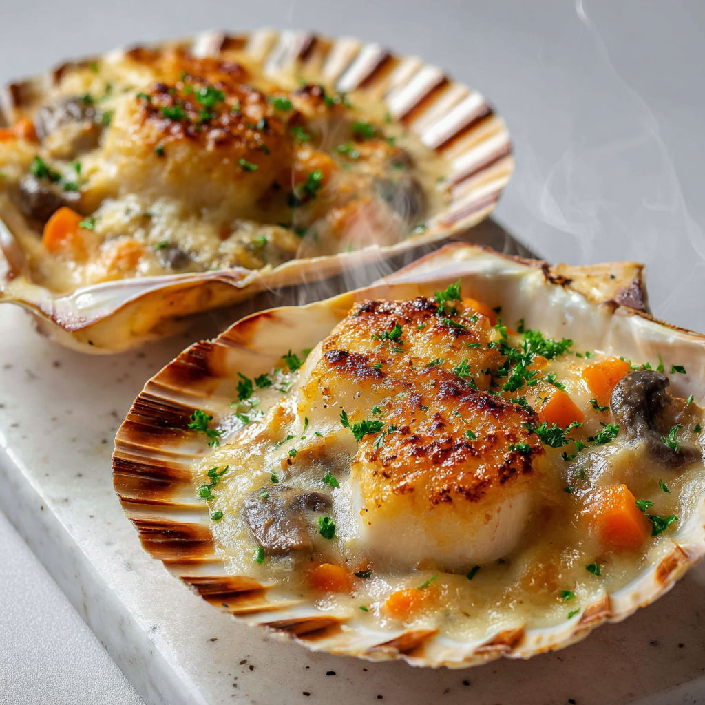 Mini-cocottes croustillantes de Saint-Jacques nappées de béchamel gratinée, servies sur marbre.