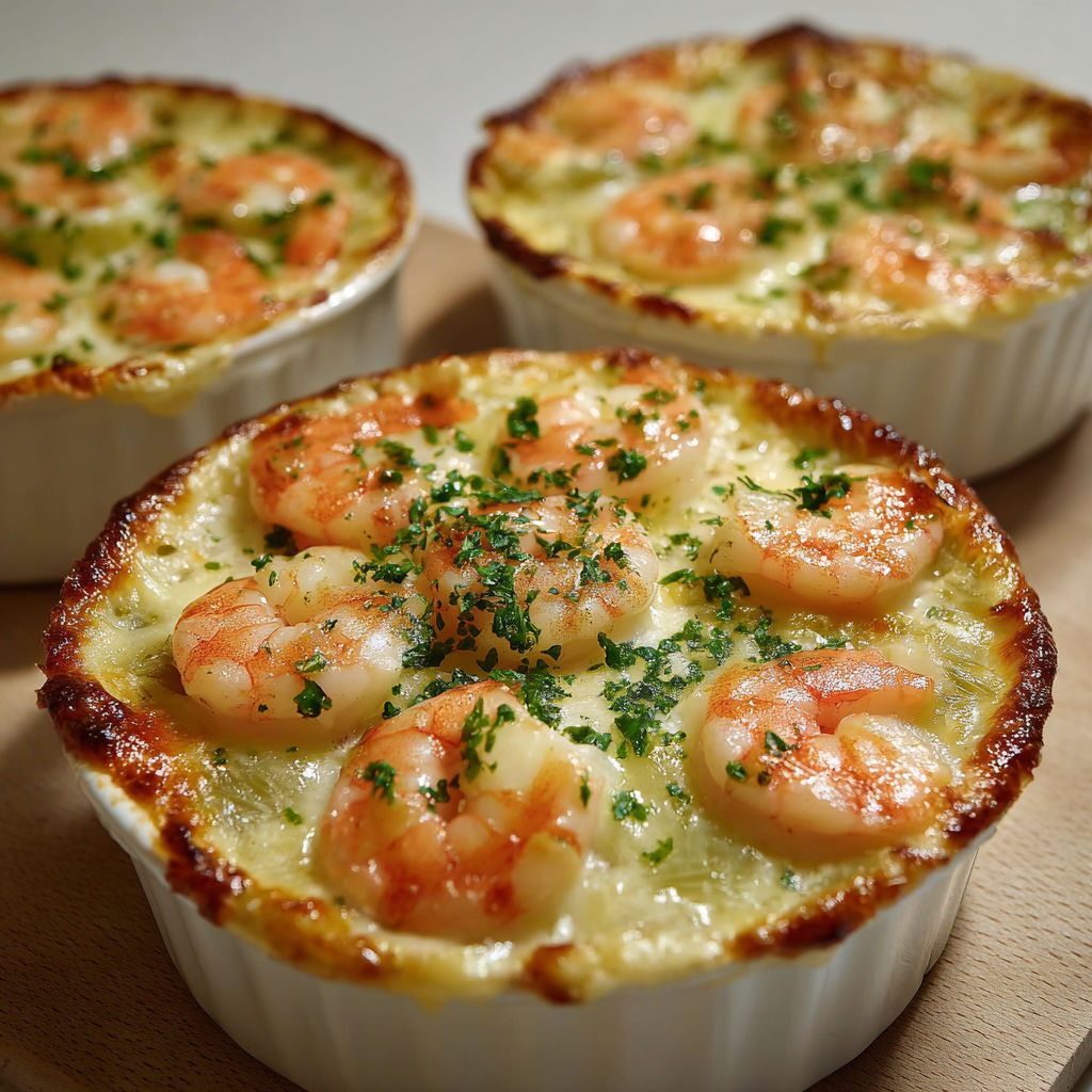 Cassolettes au fromage fondu, crevettes juteuses et poireaux moelleux recouverts d’une sauce douce.