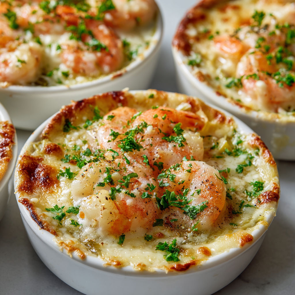 Cassolettes avec crevettes, poireaux et fromage bien doré.