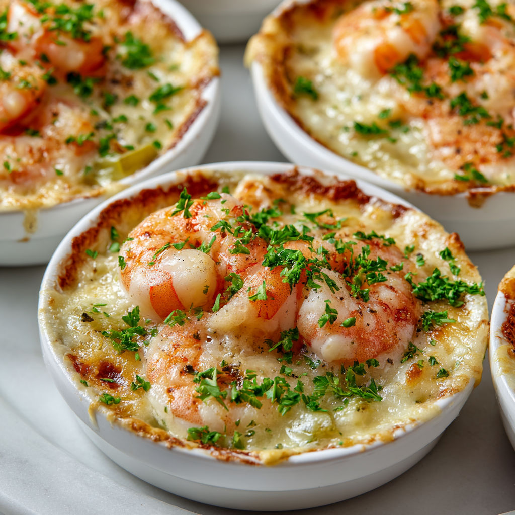 Cassolettes fondantes de crevettes, poireaux et sauce crèmeuse au vin blanc.