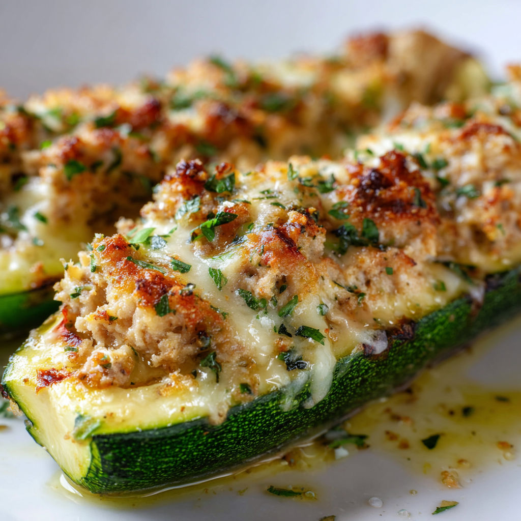 Courgettes farcies au thon et fromage fondant prêtes à être dégustées sur une assiette blanche.