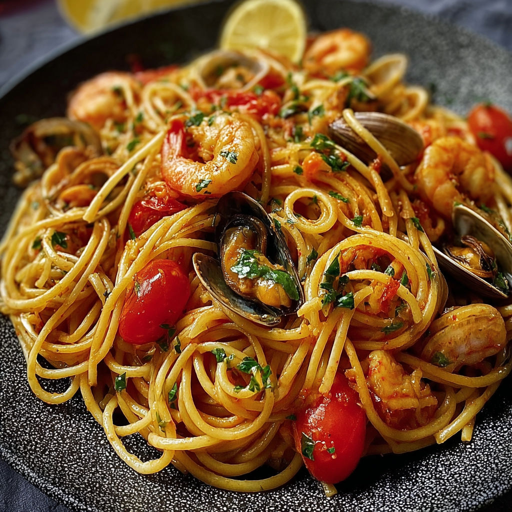 Assiette de spaghetti allo scoglio avec des tomates, des palourdes et des oignons.