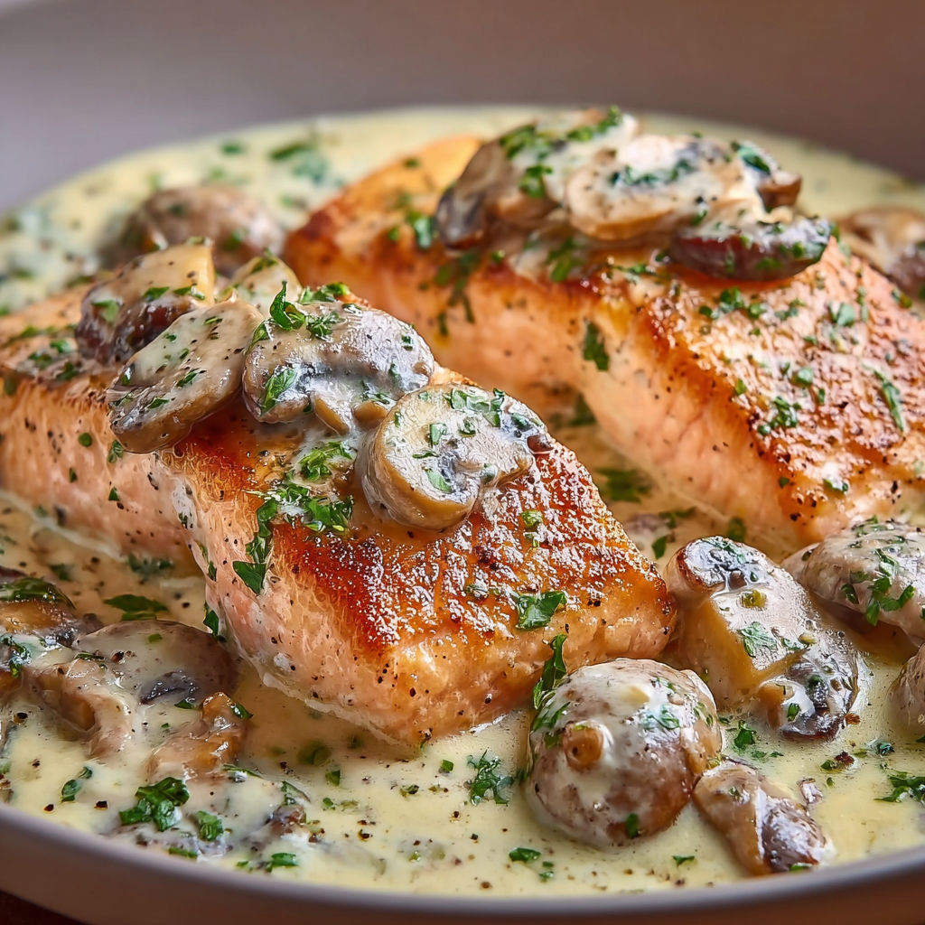 Saumon nappé d’une sauce crémeuse aux champignons et herbes fraîches.