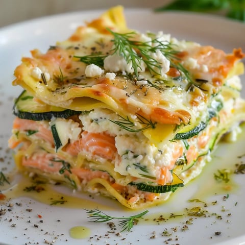 Courgette au saumon et chèvre fondu, servie dans une assiette blanche prête à déguster.