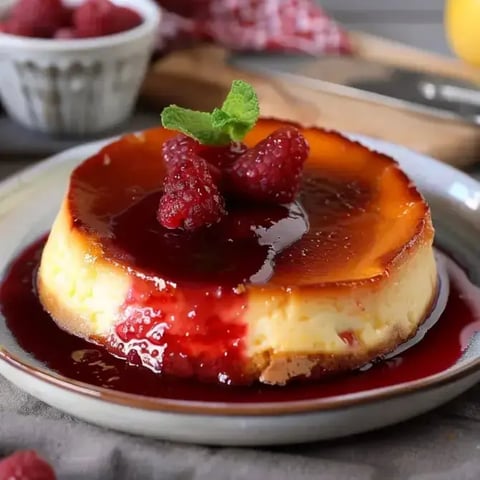 Une crème garnie de framboises et de coulis rouge, ornée d'une feuille de menthe, servie dans une assiette.