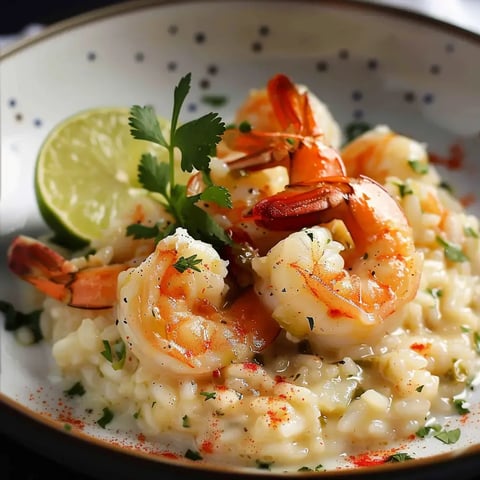 Assiette garnie de risotto, crevettes, citron vert et coriandre.