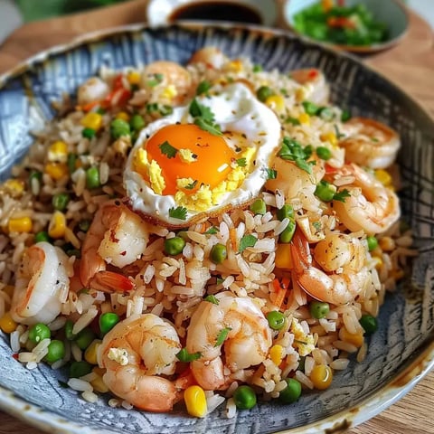 Bol de riz sauté, crevettes, légumes et œuf avec coriandre fraîche.