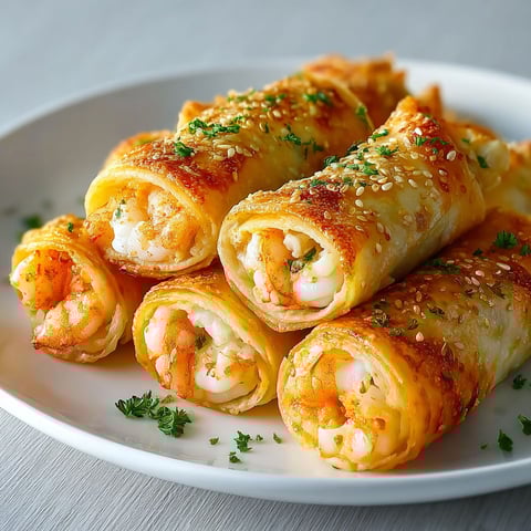 Une assiette garnie de croustillants cigares à la crevette et à l’ail.