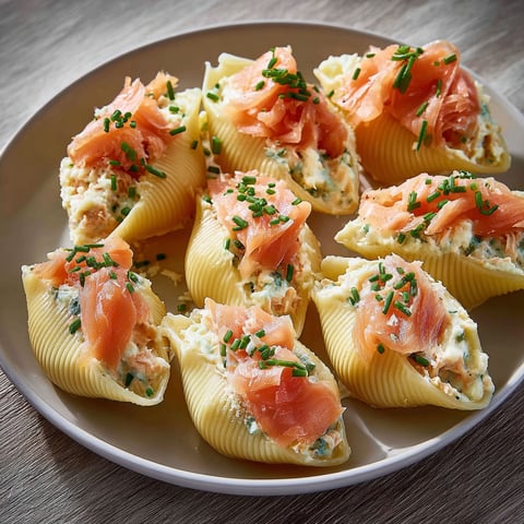 Des conchiglioni bien garnis au saumon et au mascarpone présentés sur une plaque.