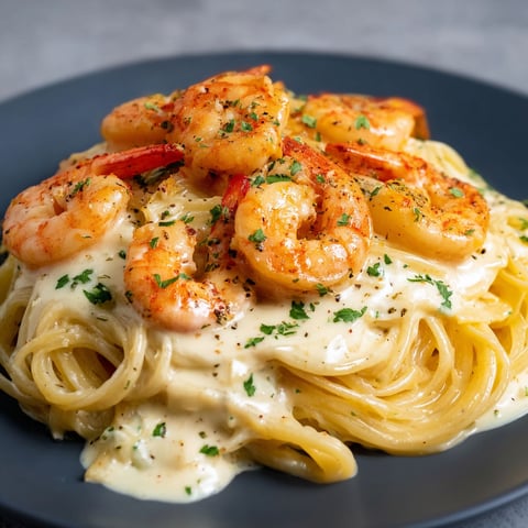 Assiette de spaghettis à la crème, crevettes et herbes fraîches.