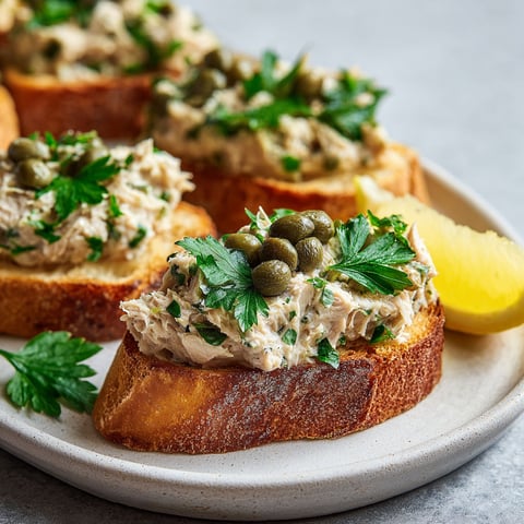 Des toasts au thon, câpres et persil posés sur un plat, prêts à grignoter.