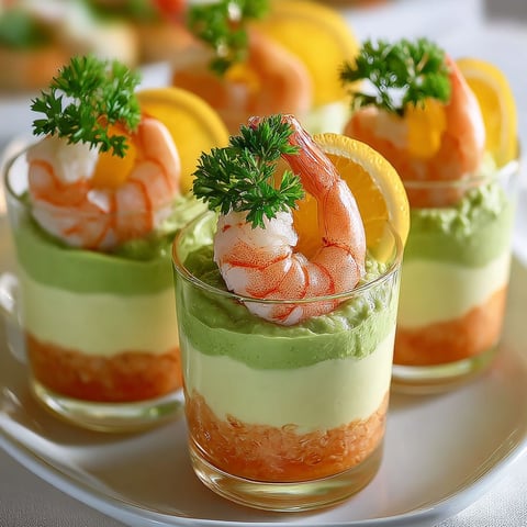 Un plateau rempli de verrines avocat, crevettes et agrumes hyper appétissantes.