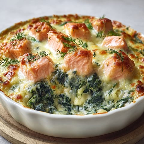 Une assiette chaleureuse de saumon avec épinards, tout gratiné dans un joli bol posé sur un plateau.