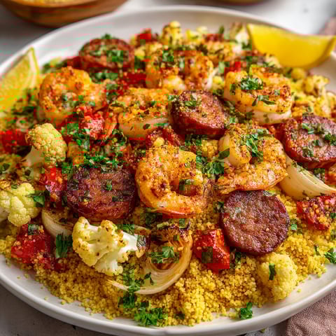 Un plat de couscous avec merguez, crevettes, légumes fondants et plein d’arômes.