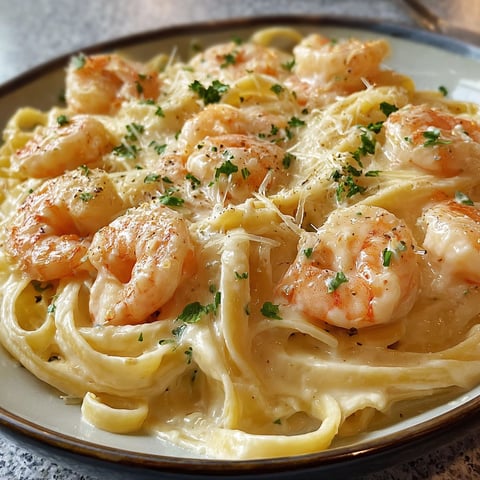 Une assiette de crevettes Alfredo très crémeuses et pleines de goût.