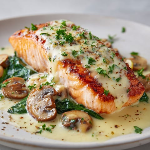 Saumon moelleux au beurre à l'ail, épinards et champignons, nappé d'une sauce douce.