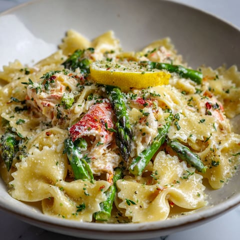 Sur une table, une belle assiette remplie de pâtes, crabe, citron et asperges attend d'être dégustée.