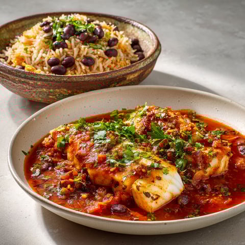 Un plat appétissant de poisson avec sauce tomate et riz façon mexicaine.