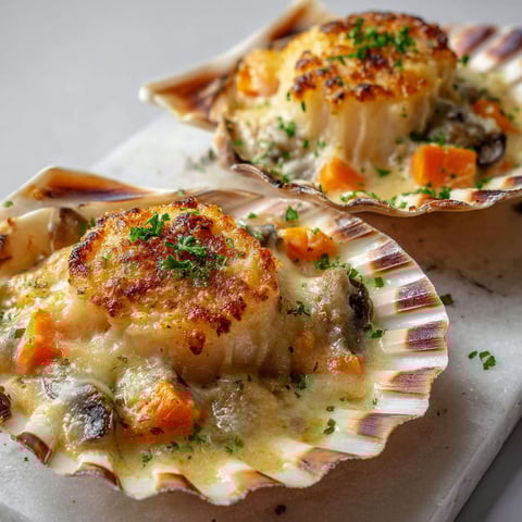 Magnifique gratin de Saint-Jacques à la crème et champignons, deux parts dorées sur une plaque en marbre.