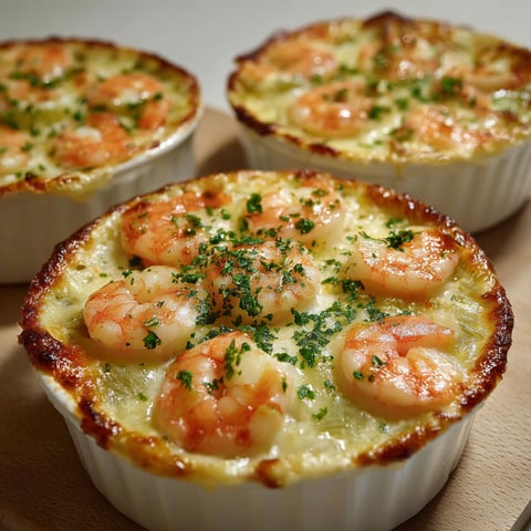 Cassolettes au fromage fondu, crevettes juteuses et poireaux moelleux recouverts d’une sauce douce.