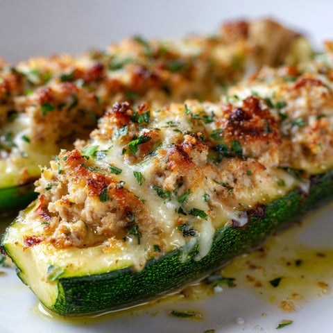Courgettes farcies au thon et fromage fondant prêtes à être dégustées sur une assiette blanche.