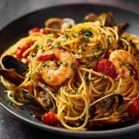 Une belle assiette de spaghetti allo scoglio, avec plein de moules, tomates et fruits de mer, posée sur une table.