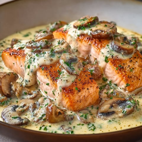 Beau saumon grillé nappé d’une sauce crémeuse aux champignons et herbes, le tout servi dans un bol comme sur la photo.
