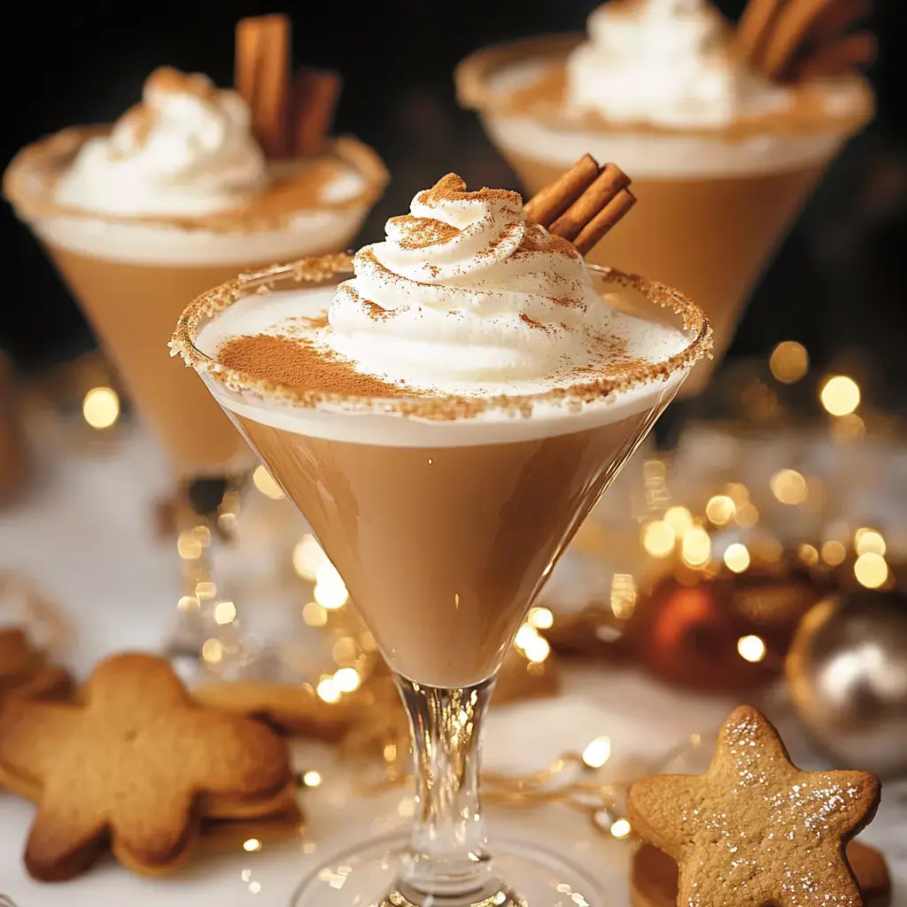 Three festive cocktails with whipped cream, cinnamon sticks, and a sprinkle of cinnamon are displayed, alongside gingerbread cookies, against a twinkling background.