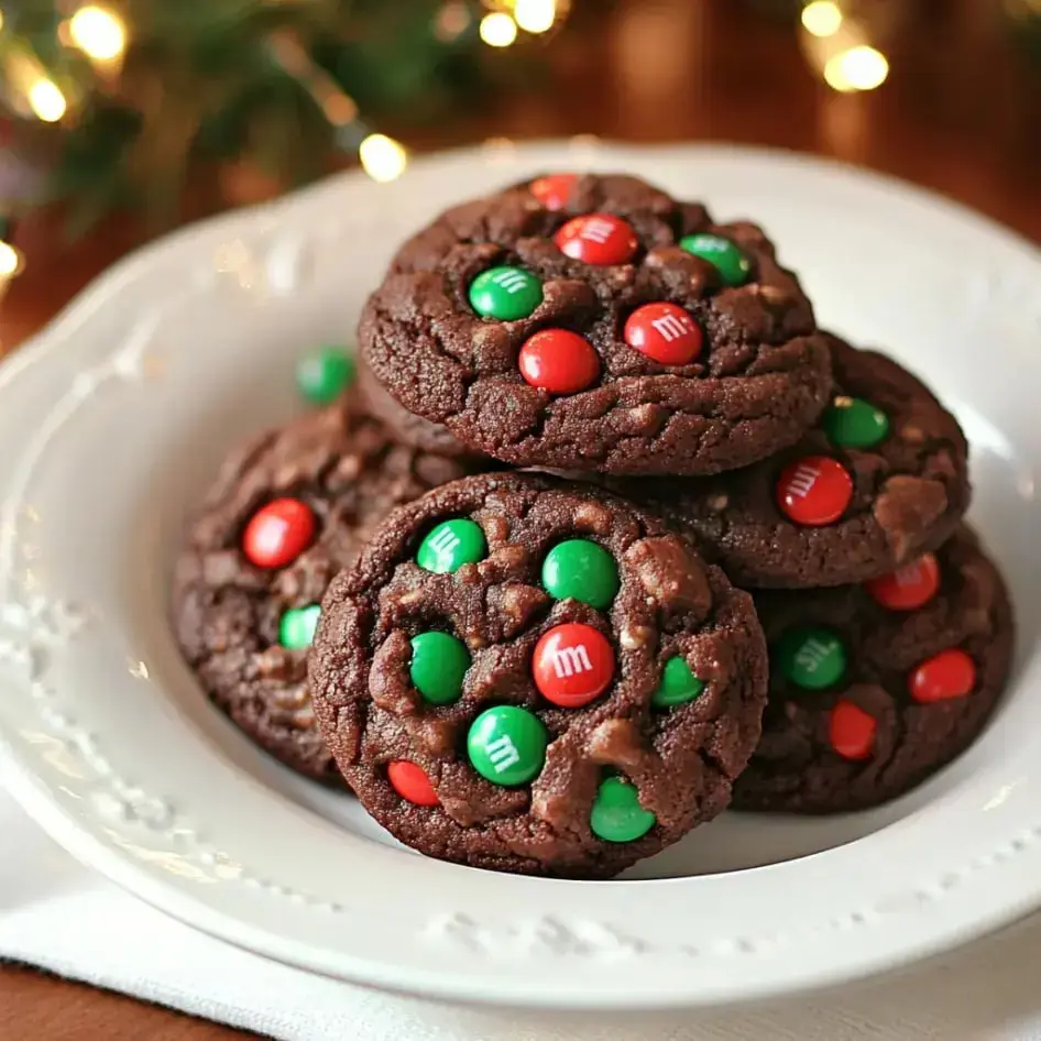 A plate of chocolate cookies topped with red and green candy-coated chocolate pieces, set against a festive background.