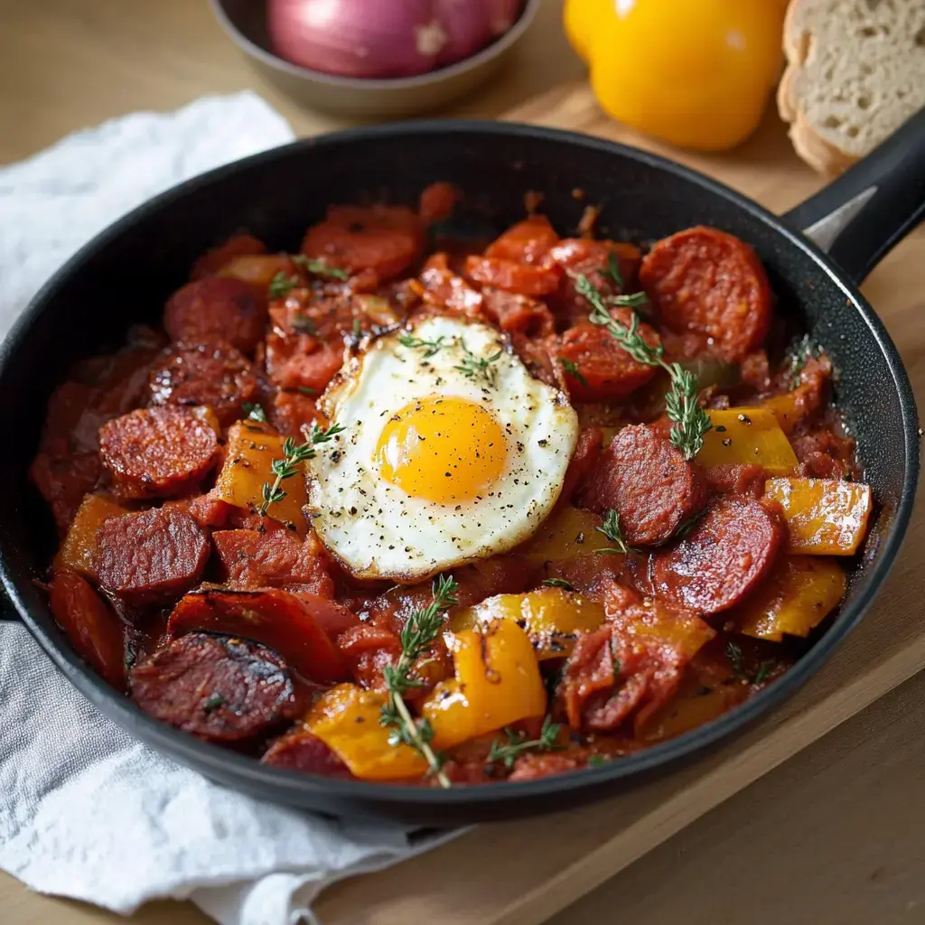 Une poêle remplie de tomates mijotées, poivrons colorés, chorizo et œufs pochés, garnis de thym frais.