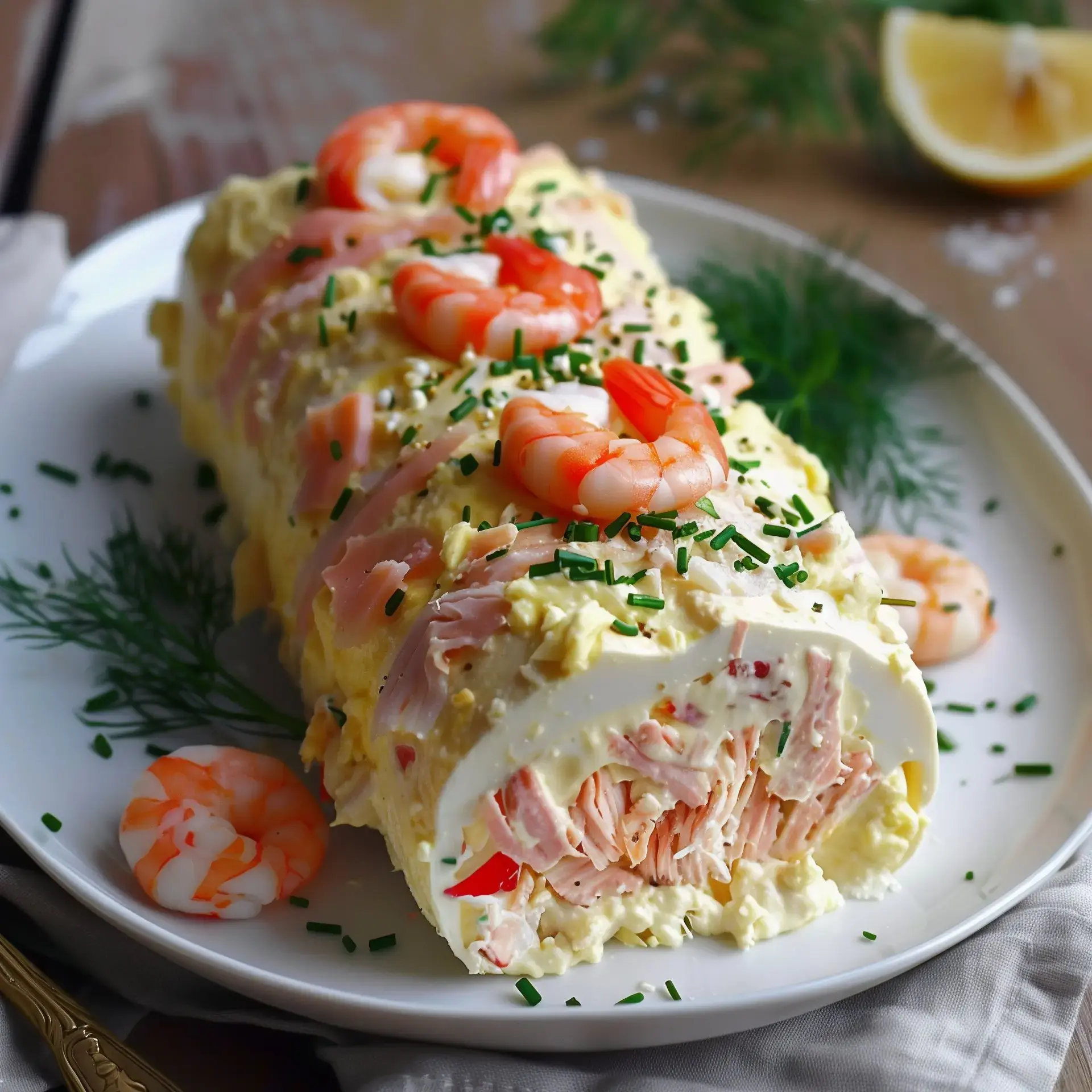 Un roulé salé garnie de crabe, crevettes, et saumon, décoré de citron et d'herbes fraîches.